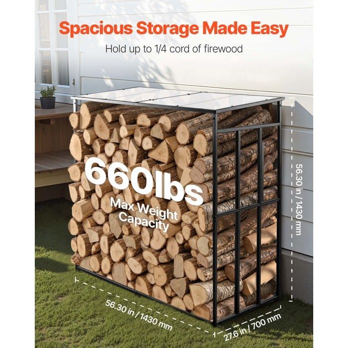 Support à Bois de Chauffage avec Toit Incliné-VEVOR-Range-Bûches Extérieur Métal-Capacité 299,4 kg-Abri de Rangement Thermolaqué