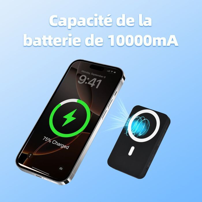 DOCCMIK Batterie externe magnétique 10000mah 22.5w batterie portable sans fil et filaire chargeur portable Compatible iPhone noir