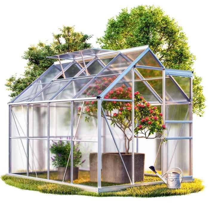 Serre de Jardin en alu 7,6m³ avec fenêtres et gouttière + Fondation/Base Culture Plantes 250x190x195