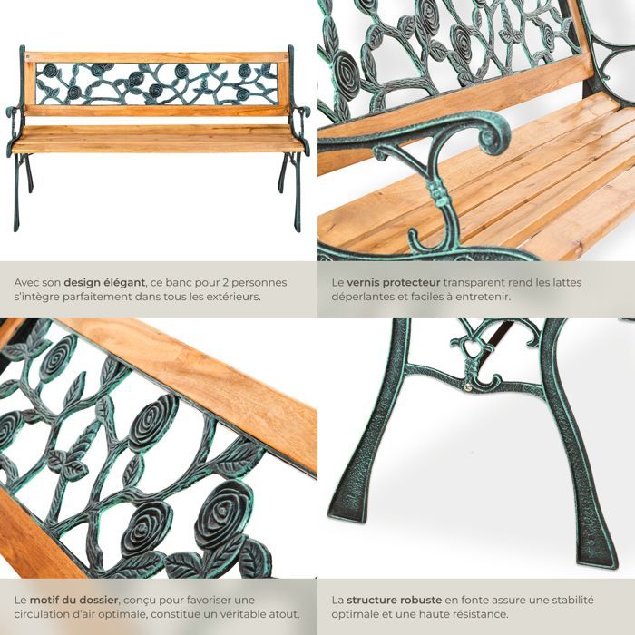 Banc d'extérieur - TECTAKE - Banc de jardin MARINA 2 places en bois naturel laqué et fonte 124 x 52 x 74 cm - Marron