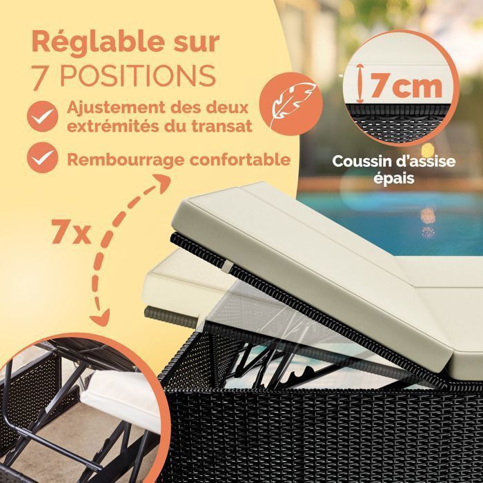 CASARIA Chaise longue double noir/crème extrémités réglables bain de soleil 2 personnes polyrotin chaise d’extérieur