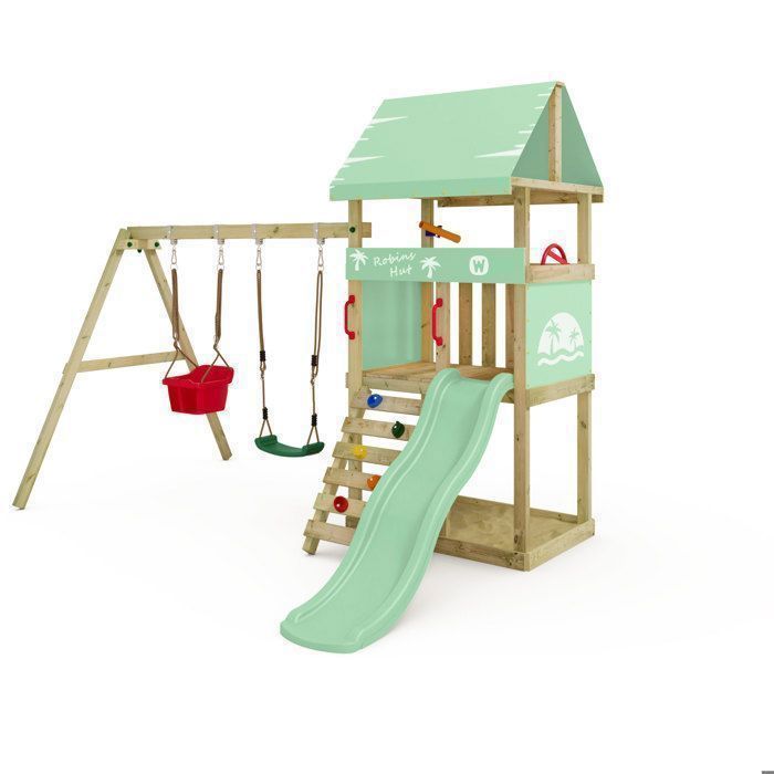 Aire de jeux WICKEY DinkyHouse – Toboggan vert pastel et balançoire avec siège bébé – Un univers d'aventures pour les tout-petits