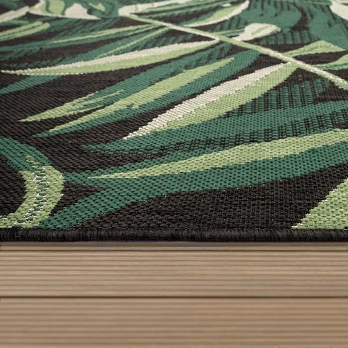 Paco Home Tapis Exterieur Terrasse Salon Cuisine Motif Boho Jungle Palmiers Noir Vert 120 cm rond