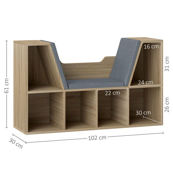 2-in-1 Boekenplankbank - HOMCOM - Kubusplank met 6 vakken, opbergmeubel voor de woonkamer - Hout - 102x30x61cm - Eikenhout