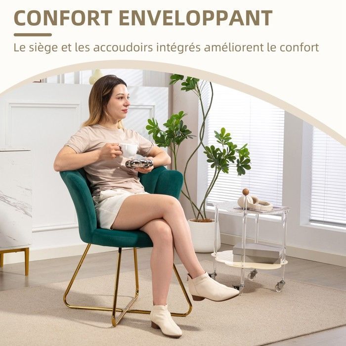 Fauteuil coquillage - HOMCOM - - velours - pieds en acier - 69 x 64 x 80 cm - vert foncé