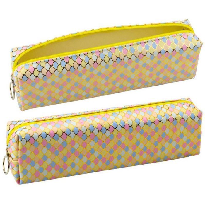 Lean storage case, school pencil case, mermaid scale pattern, colorful yellow, 21 x 6 cm