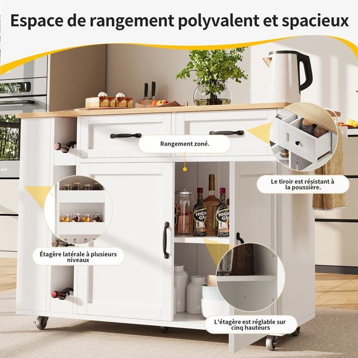 Kitchen Island - White+Natural - Removable - Equipped with outlets - Lockable casters