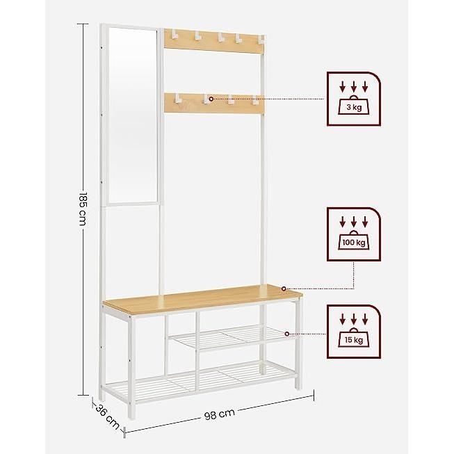 Hallway Coat Rack - VASAGLE - with Hooks, Mirror and Shoe Bench - Oak and White