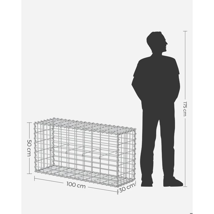 Gavión de piedra de 100 x 50 x 30 cm, acero galvanizado, cesta para macetas, cerca de gavión, jardinera de gavión GGB153 SONGMICS
