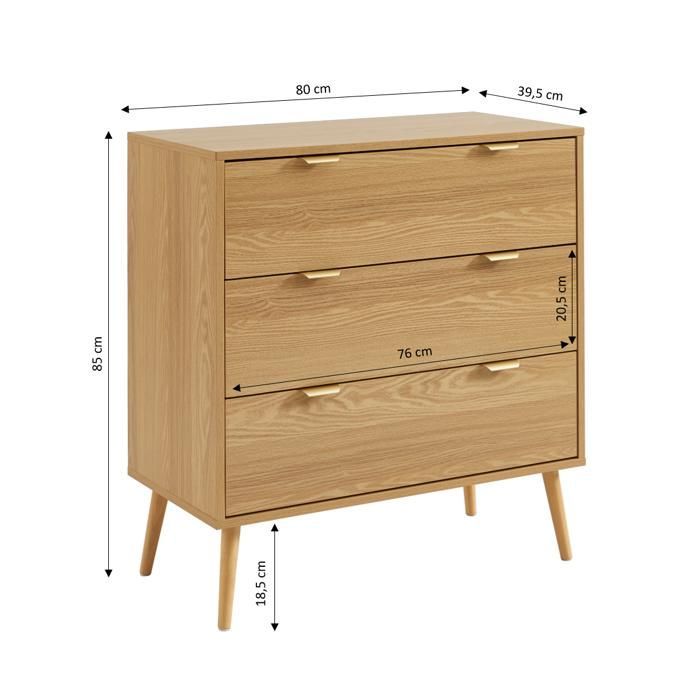 Cómoda JEANNE de 3 cajones con efecto roble, 80 cm - Madera clara