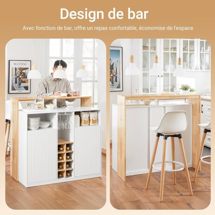 Îlot Cuisine SoBuy Meuble Rangement avec Porte Bouteilles 8 Cases 2 Portes Range Verres Buffet Bar Cuisine Salon Blanc 105x60x105cm