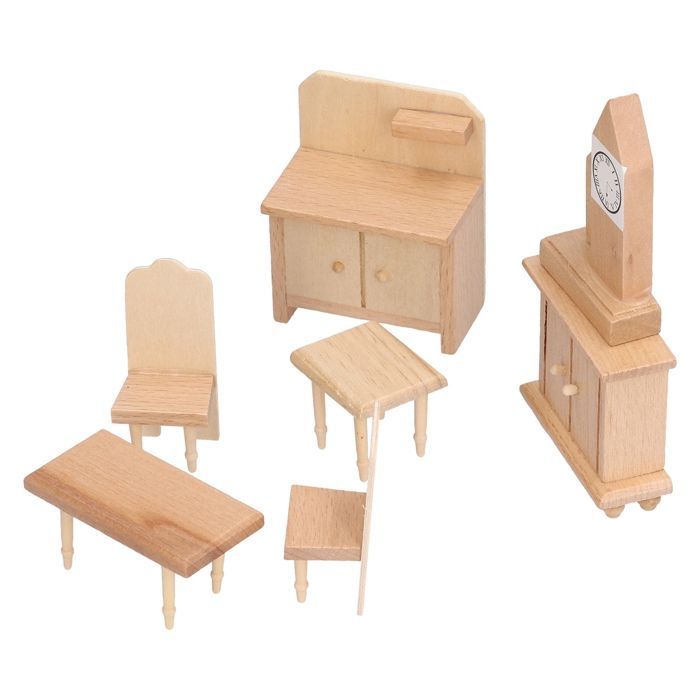Conjunto de muebles de madera para una pequeña casa de muñecas a escala 1:12, accesorios de madera en miniatura, mesa, silla, armario.