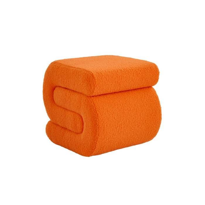 Sasha designer stool/pouf with orange bouclé upholstery, 1 seater, W 43 x D 47 x H 44cm