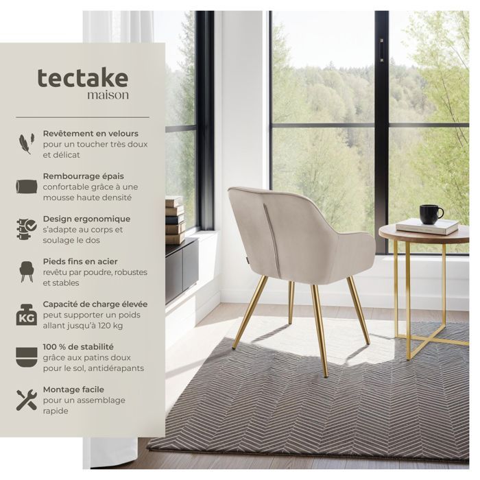 Silla - TECTAKE - Silla de comedor MARYLIN en aspecto de terciopelo con patas de acero dorado - Topo/Dorado
