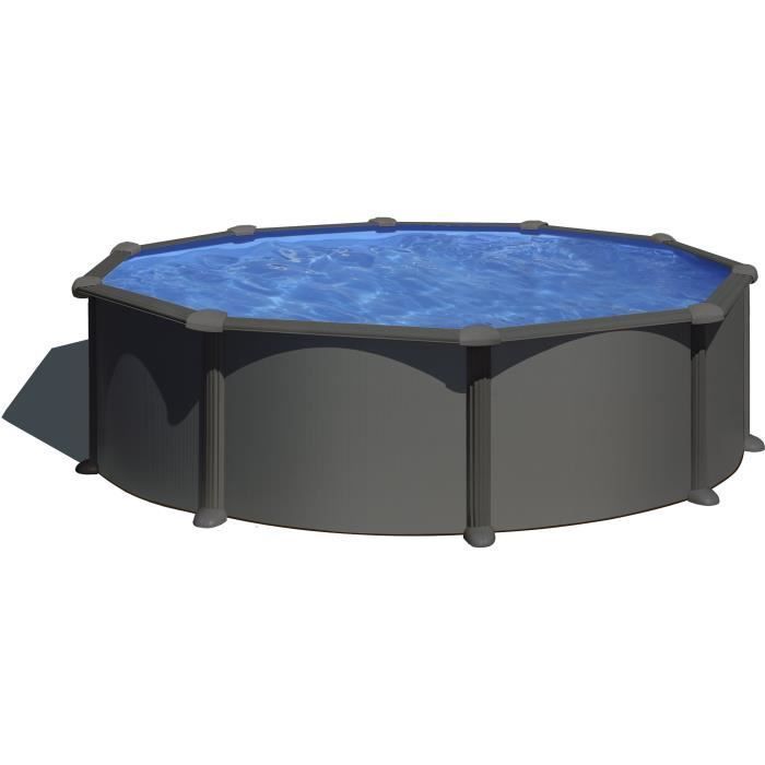 GRE - Kit de piscina redonda elevada de acero gris antracita - Ø480 x H122 (Incluye filtro de arena y escalera)