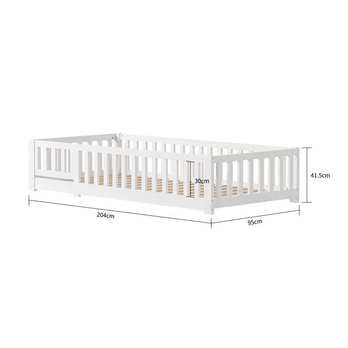 Letto per bambini 90x200 cm con rete a doghe e sponda di sicurezza, letto da pavimento in legno massello di pino, misura singola, bianco, design pratico