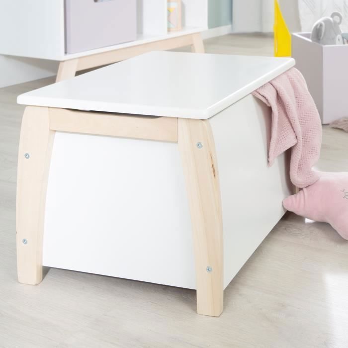 Banc Coffre à Jouets pour Enfant en Bois - ROBA - Fermeture Douce - Blanc / Aspect Bois