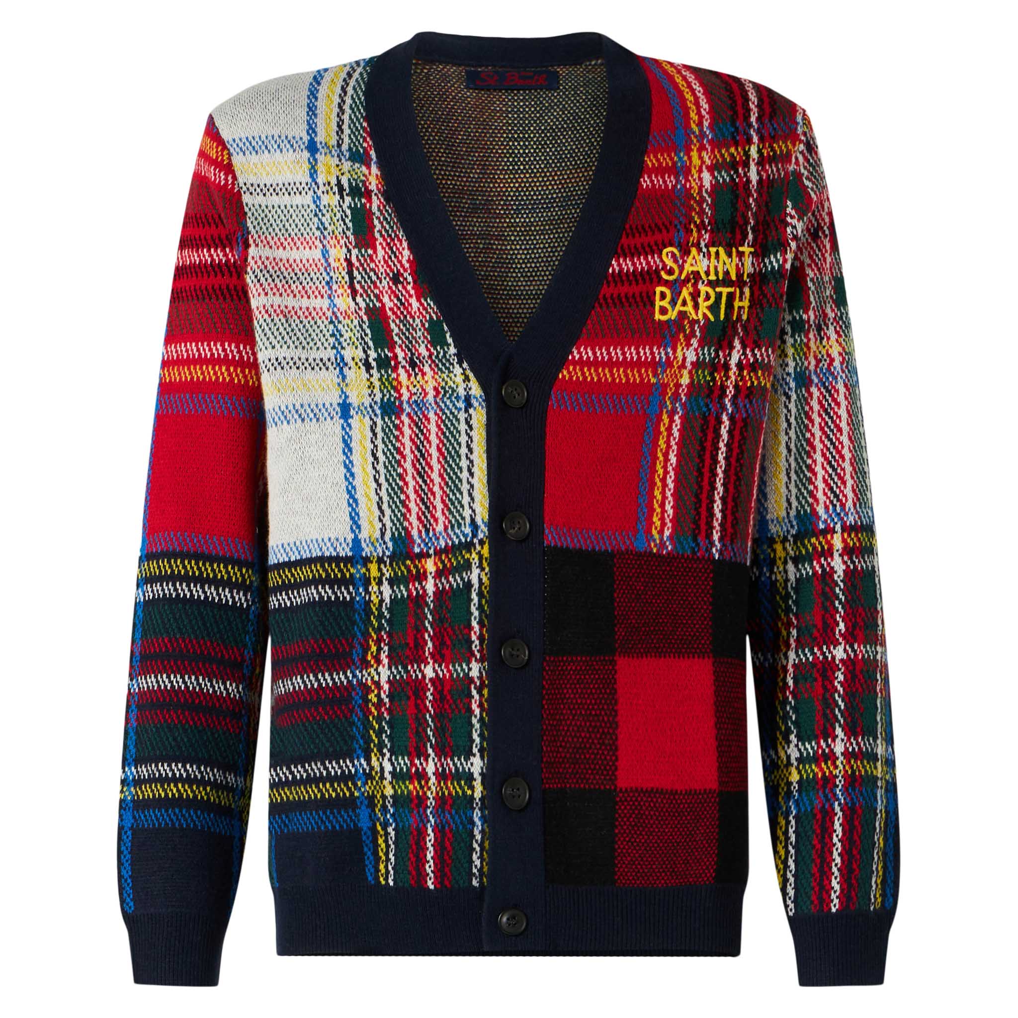 Herren-Strickjacke aus Tartan mit Saint-Barth-Stickerei