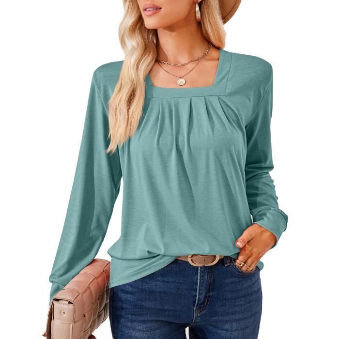 Pull Femme Col Carré Plissé Manches Longues Pullover Lâche Confortable Couleur Unie Pour Printemps Et Automne - Taille EU - Vert