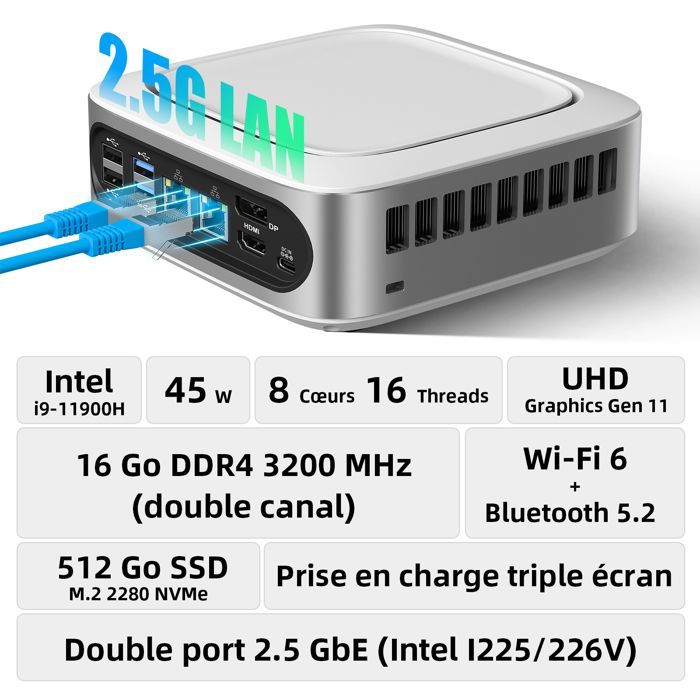 Mini PC Windows 11 Pro - Intel i9-11900H (8C/16T, 4,9 GHz), 16 Go DDR4, 512 Go NVMe, Triple Écran 4K, Dual LAN 2,5G, USB-C