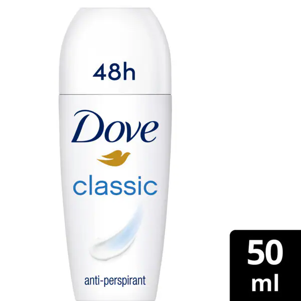 Desodorante antitranspirante roll-on clásico Dove para mujer, 50 ml.
