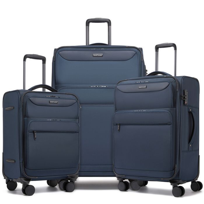 Conjunto de 3 malas British Traveller (57,5/68,5/79,5 cm) - Malas leves e resistentes com laterais flexíveis, 4 rodas e cadeado TSA, azul-marinho.