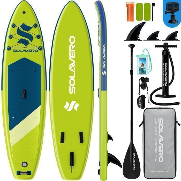 EcoFurnix-Planche de Stand Up paddle Gonflable de 323 cm-SUP-Jusqu'à 200 kg-Pont antidérapant-Animaux acceptés-Vert Citron