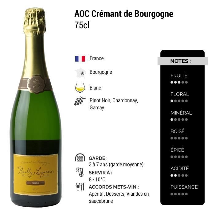 Crémant de Bourgogne Brut Réserve Blanc - Lote de 3x75cl - Les Caves Bailly Lapierre - Vino espumoso blanco de Borgoña AOC
