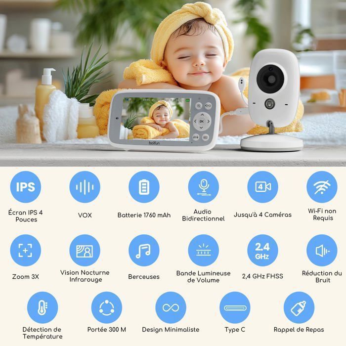 720P Babyphone Camera, Bébé Moniteur Vidéo avec 4'' Écran, Vision Nocturne Infrarouge Invisible, Zoom 3X, Détection de Température