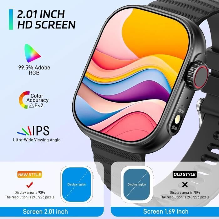 Montre Connectée Multifonction Homme et Femme, Écran 2.01