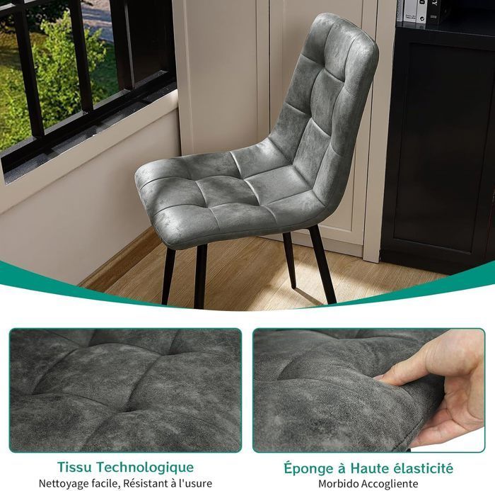WAFTING Lot de 4 Chaise de Salle à Manger en Tissu Technique, Chaise Rembourrée avec Dossier Haut, Pied Métallique - Gris Foncé