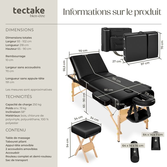 Table de massage - TECTAKE - Table de soin pliante 3 zones avec tabouret et sac de transport inclus 218 x 102 x 90 cm - Noir