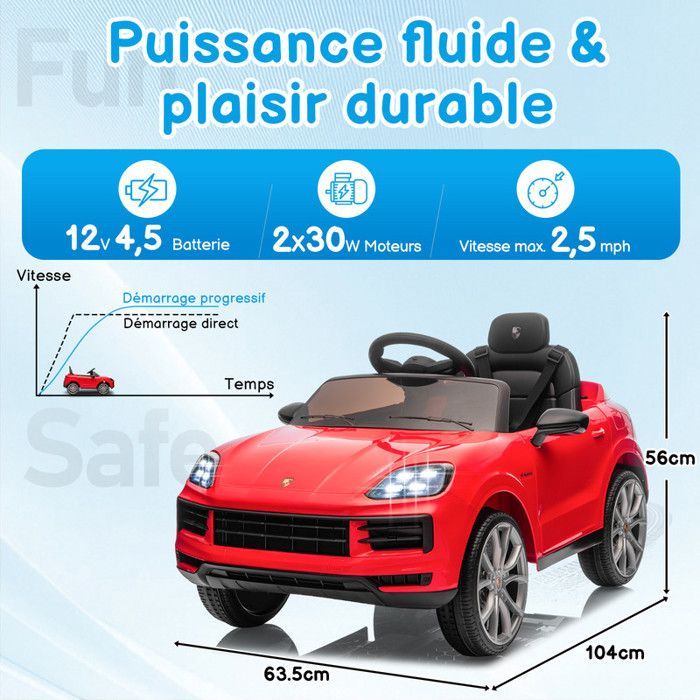 12-V-Elektroauto für Kinder mit Sound- und Lichteffekten, Porsche Cayenne – 103 x 63 x 54 cm, Rot