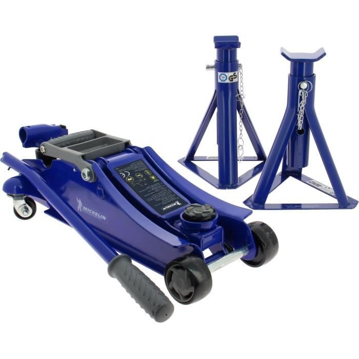 Gato hidráulico rodante de 1,8 T + 2 soportes de eje de 2 T - MICHELIN - Altura de elevación del gato: 105-350 mm - Altura de elevación del soporte de eje: 266-355 mm