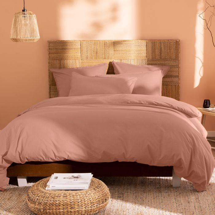Jogo de roupa de cama de casal lisa com fronhas com babados, 100% algodão - FOSCO & ROSE - ALGODÃO LAVADO - Rosa Nude - 260x240+2x65x65 cm