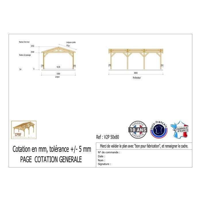 Carport aus französischer Douglasie, 40 m² – 2 Dachflächen – 8 Pfosten – Unterstand für Ihr Auto im Freien – 10 Jahre Garantie