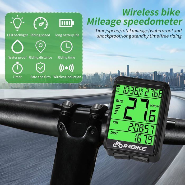 Draadloze fietscomputer, IP54 fietskilometerteller, automatische start/stop, snelheids- en kilometerteller.