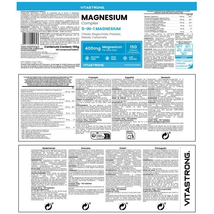 MAGNÉSIUM COMPLET 400mg - Magnesio 5 en 1 - Bisglicinato, Citrato, Pidolato, Malato, Carbonato