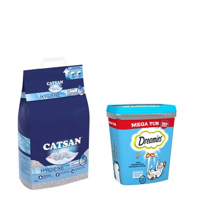 ¡Paquete combinado de 20 litros de arena para gatos Catsan Hygiene Plus + golosinas para gatos Dreamies!*