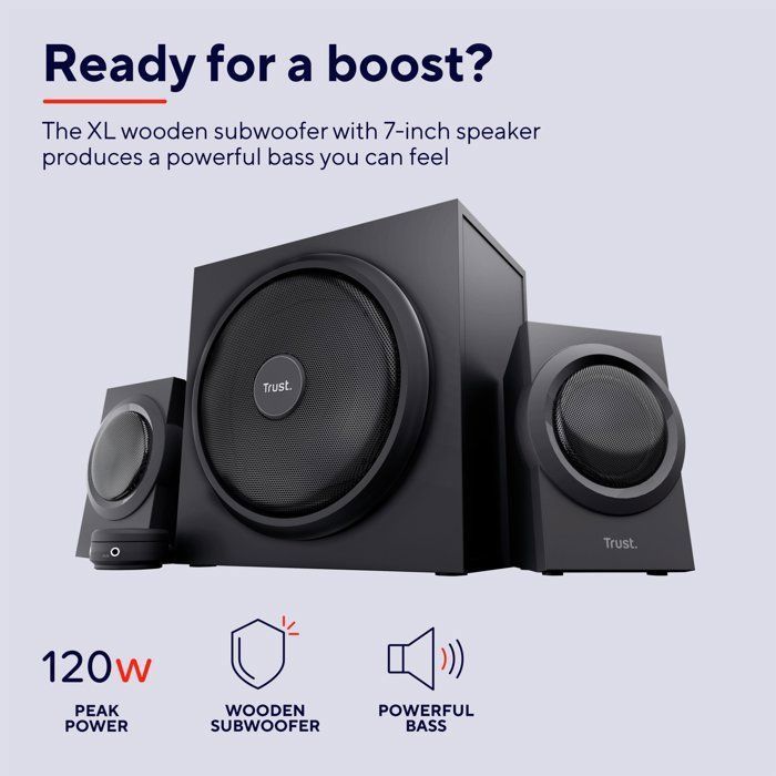 Altavoces Trust Yuri 2.1 para PC - 120 W - Subwoofer de madera - Control de volumen con cable