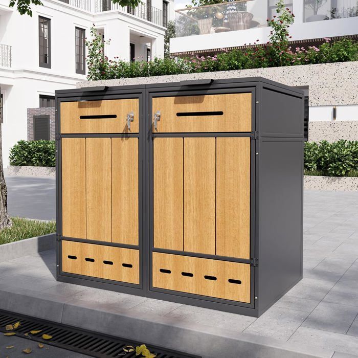 Afvalbakbehuizing voor twee afvalbakken van 120-240 liter, kast met tussenschotten in houtlook, afsluitbaar, met ventilatiesysteem.