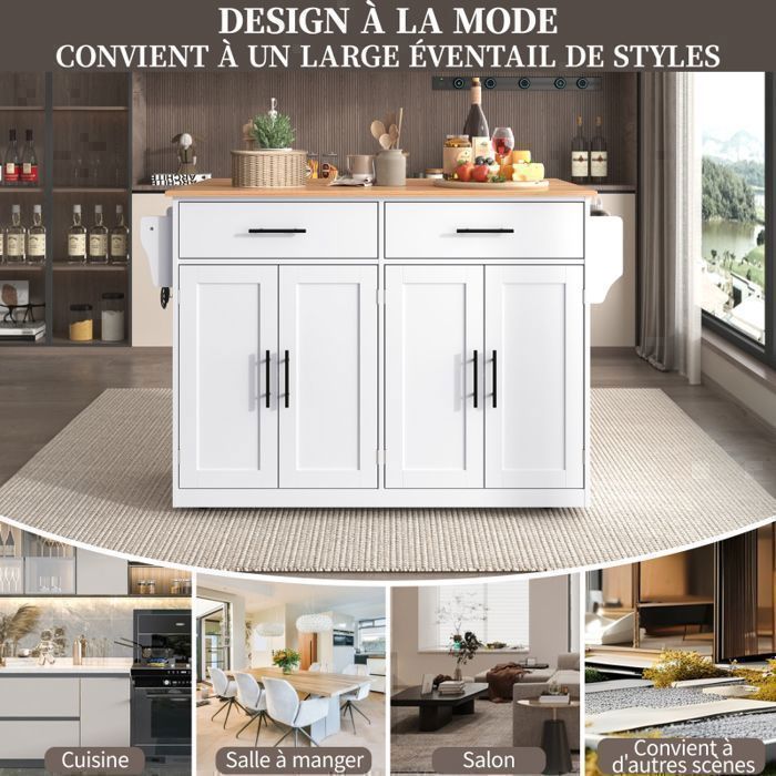 Desserte de cuisine avec Plateau Rabattable - Îlot Central Cuisine Mobile - 2 Grands Tiroirs - 2 Portes et Porte-Serviettes - Blanc