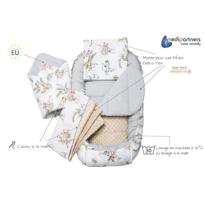Medi Partners Baby Bed Reducer 100% Cotton Newborn Baby Nest with Removable Insert 100x60x15 cm Safari with Minky Beige