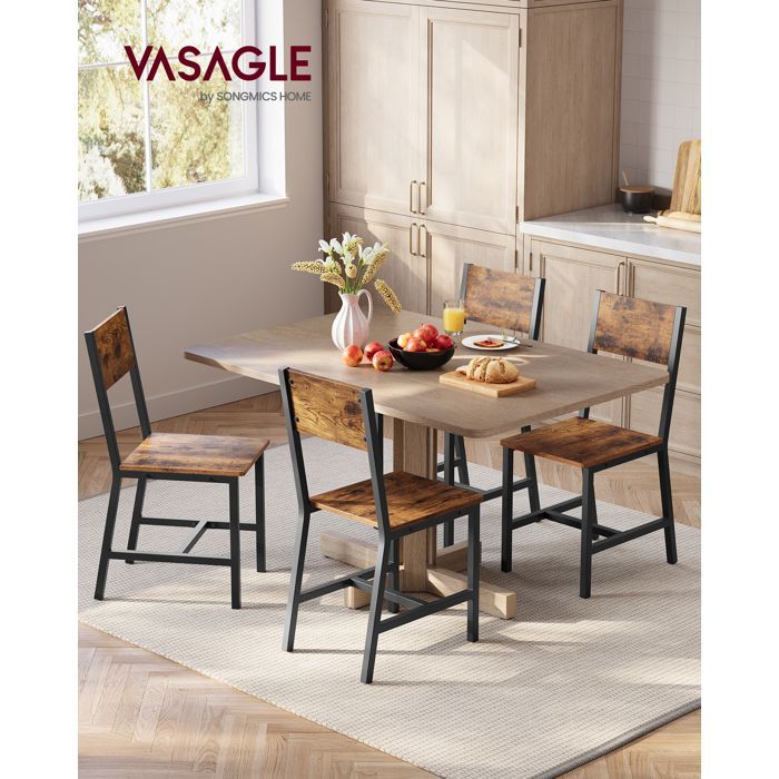 VASAGLE Chaise Salle à Manger Lot de 4, Cadre en Acier, Style Industriel, Salon, Cuisine, Marron Rustique et Noir d'encre