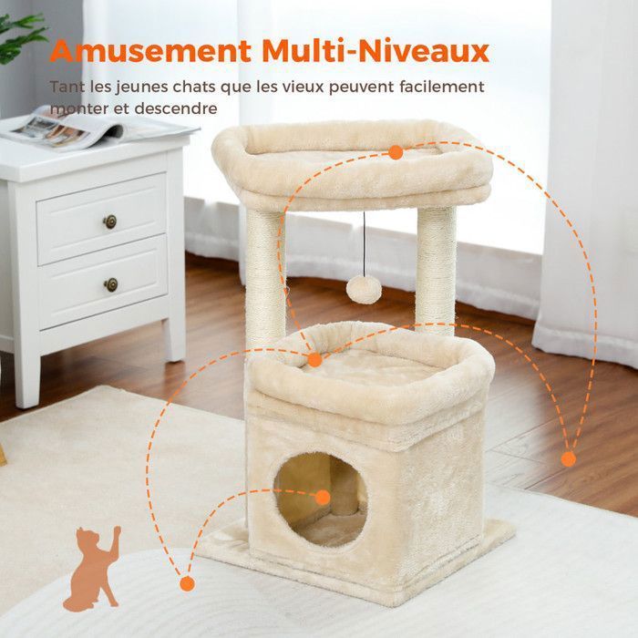 PAWZ Road Small Cat Tree 60 cm, Play Tower with 2 Sturdy Scratching Posts, 1 Spacious Condo & 1 Large Perch, Beige