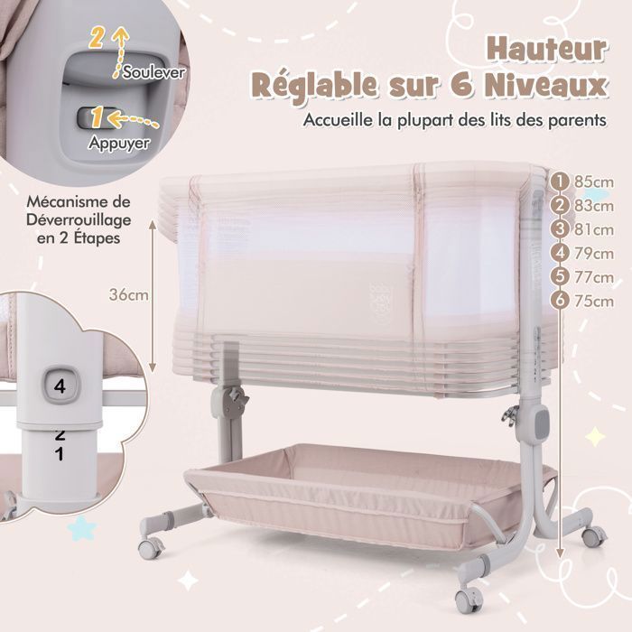 Lit Cododo Bébé avec Matelas 2,5cm COSTWAY-Dès la Naissance-9 kg-6 Hauteurs-4 Roulettes-Portable Pliable-Étagère de Rangement-Beige