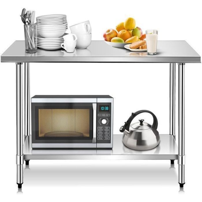 Mesa de trabajo de cocina COSTWAY de acero inoxidable con 2 estantes, 122x61x90 cm, encimera, capacidad de carga de 150 kg, color plata, altura ajustable.