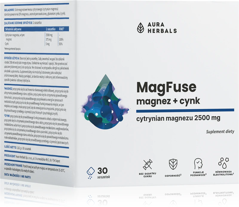 Výživový doplnok Aura Herbals MagFuse + Zinok vo forme vrecúšok pre účinné doplnenie horčíka