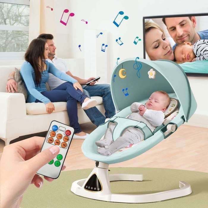 Elektrische babyschommel, maximaal draagvermogen 15 kg, Bluetooth, 5 schommelsnelheden, timer met 3 standen, speelboog, geschikt voor baby's van 0-12 maanden.