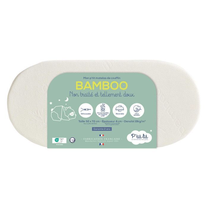 P'tit Lit - Bamboe wiegmatras - 72x32 cm - Zachte en zijdezachte viscose - Omkeerbaar - Ideaal voor kinderwagens, wiegjes en ledikanten